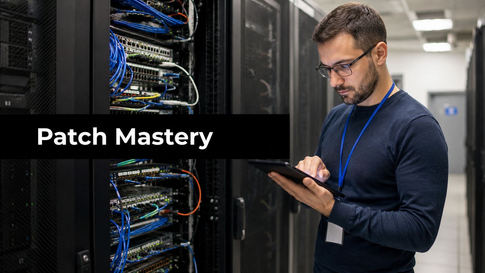 Tech professional in a data center inspecting a server rack with a tablet; banner reads Patch Mastery across the image.