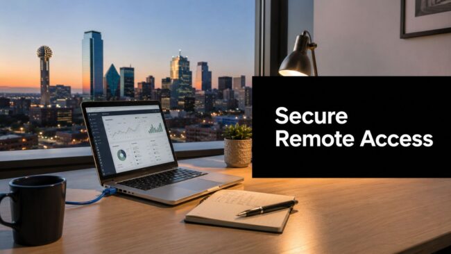 remote-access-software-tools-remote-work Desk workspace at dusk with a laptop showing charts, a notebook and mug, overlooking a city skyline; a black panel reads 'Secure Remote Access'.