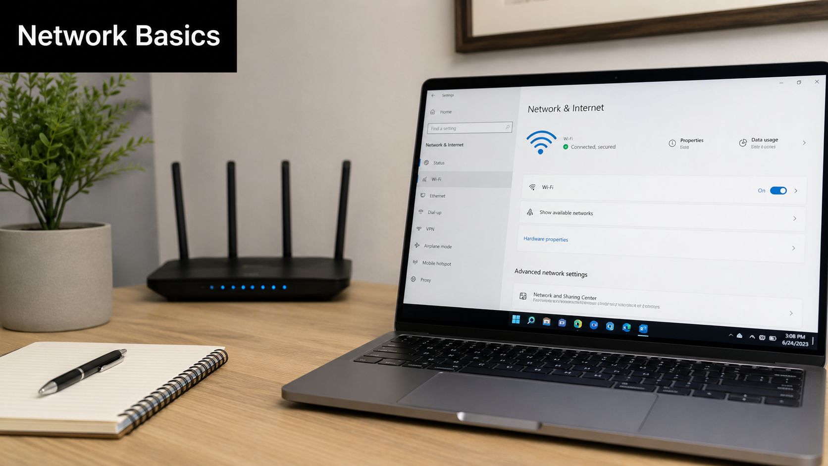 A modern laptop displaying Wi-Fi network settings next to a Wi-Fi router on a wooden desk.