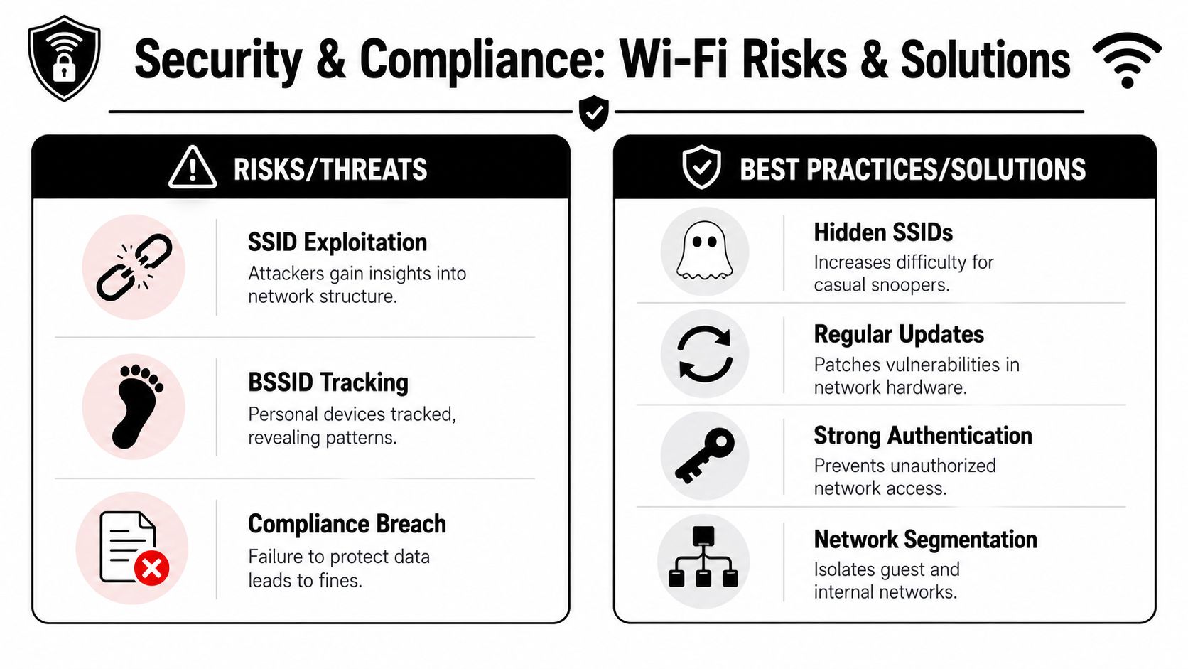 A visual guide outlining common Wi-Fi security threats and best practice solutions for secure business networks.