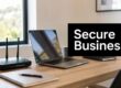 Desk setup with a laptop, wireless router, notebook, and a bold 'Secure Business' sign in the foreground.