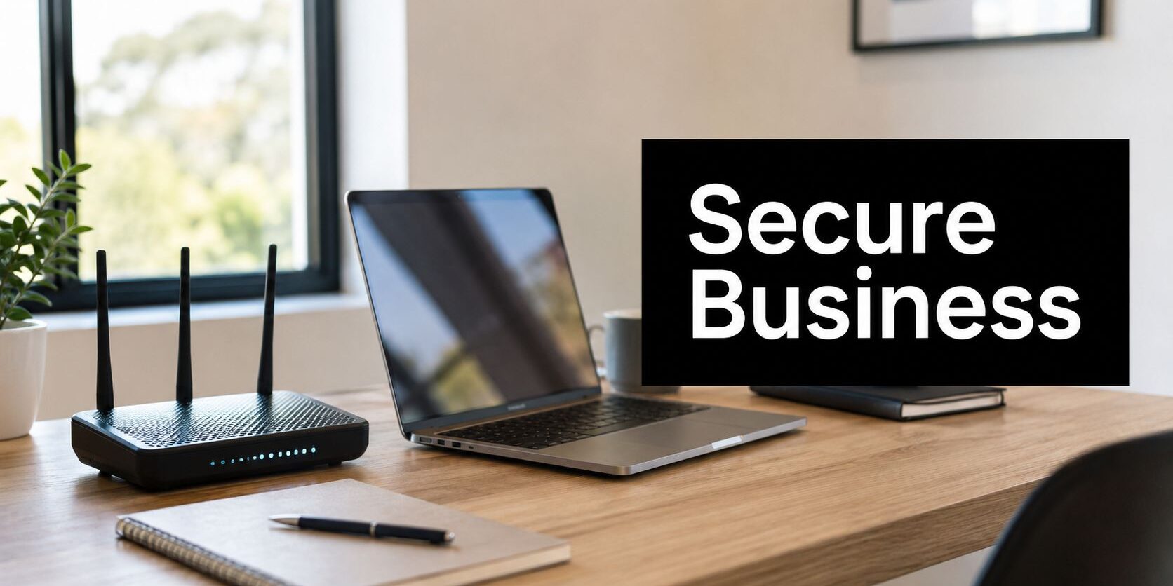 Desk setup with a laptop, wireless router, notebook, and a bold 'Secure Business' sign in the foreground.
