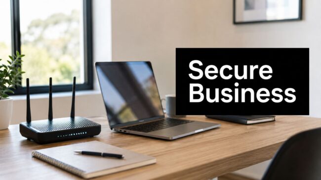 Desk setup with a laptop, wireless router, notebook, and a bold 'Secure Business' sign in the foreground.