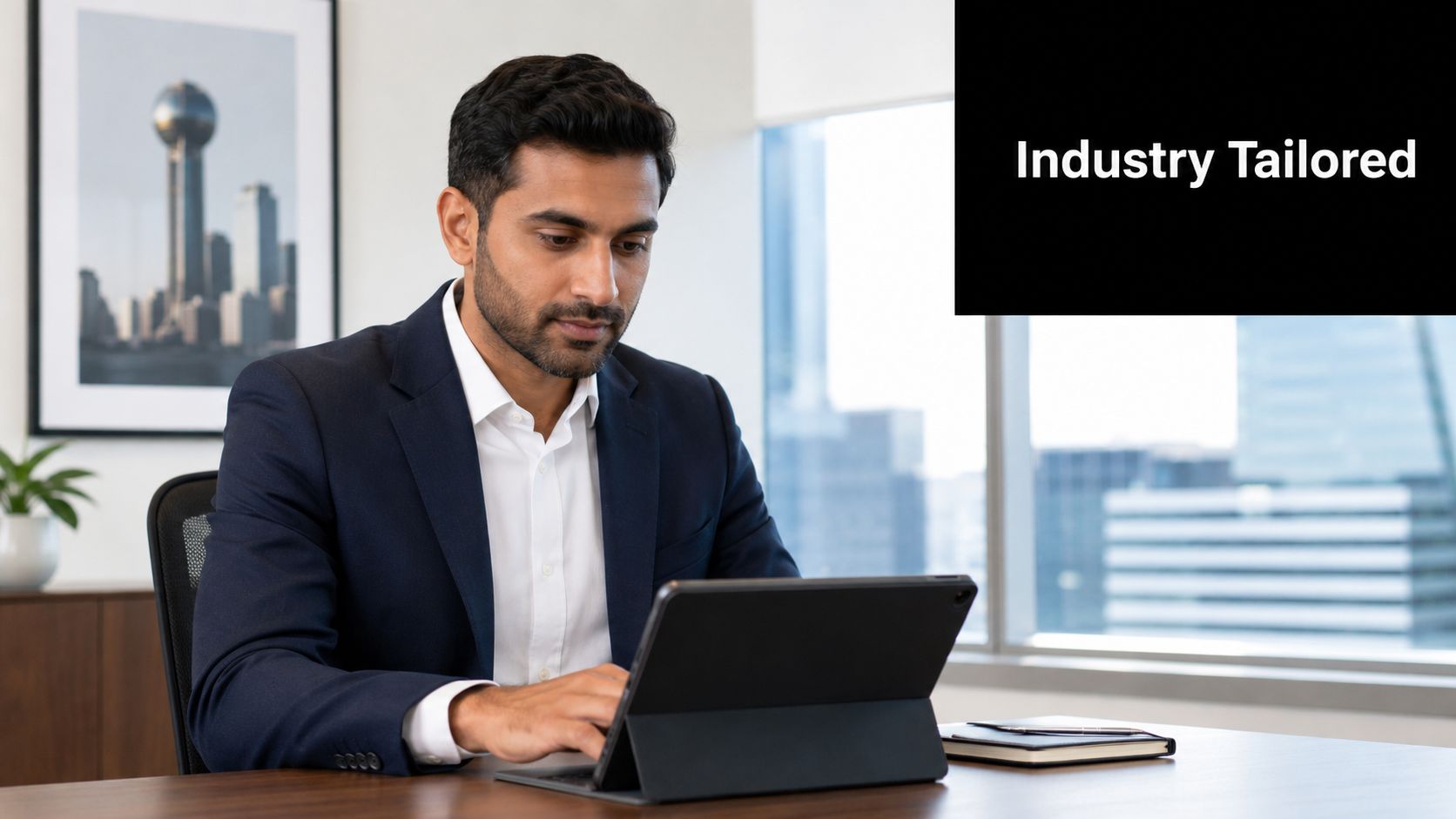 A professional man in a business suit working on a tablet in a modern office environment.