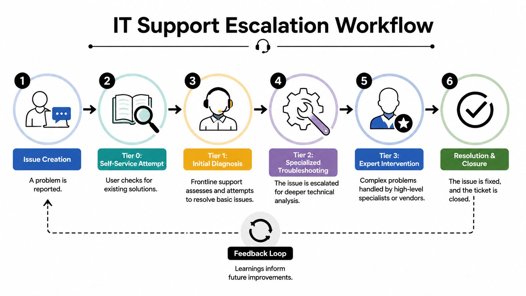 A flow chart illustrating the six steps of the IT support escalation workflow from reporting to resolution.