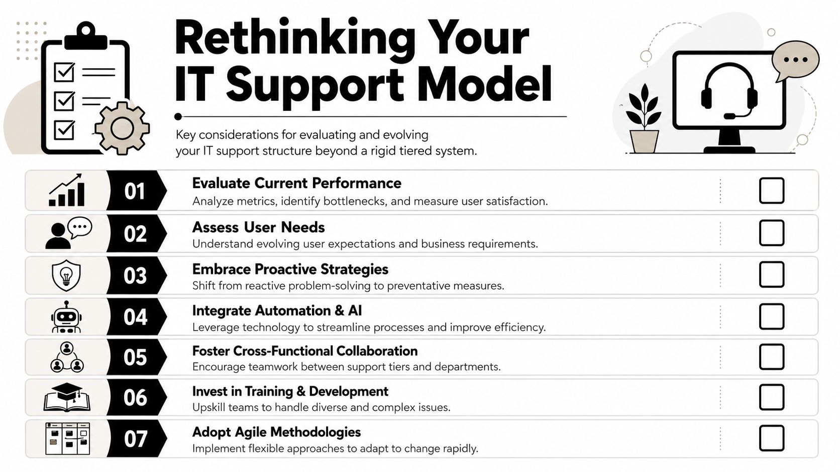 A checklist graphic outlining seven key steps to evolve an IT support model beyond rigid tiers.