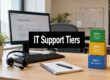IT support workspace showing a monitor, headset, notebook, and a vertical stack of colored blocks labeled Tier 1–Tier 3 (Basic to Advanced Support). The banner reads ‘IT Support Tiers’.