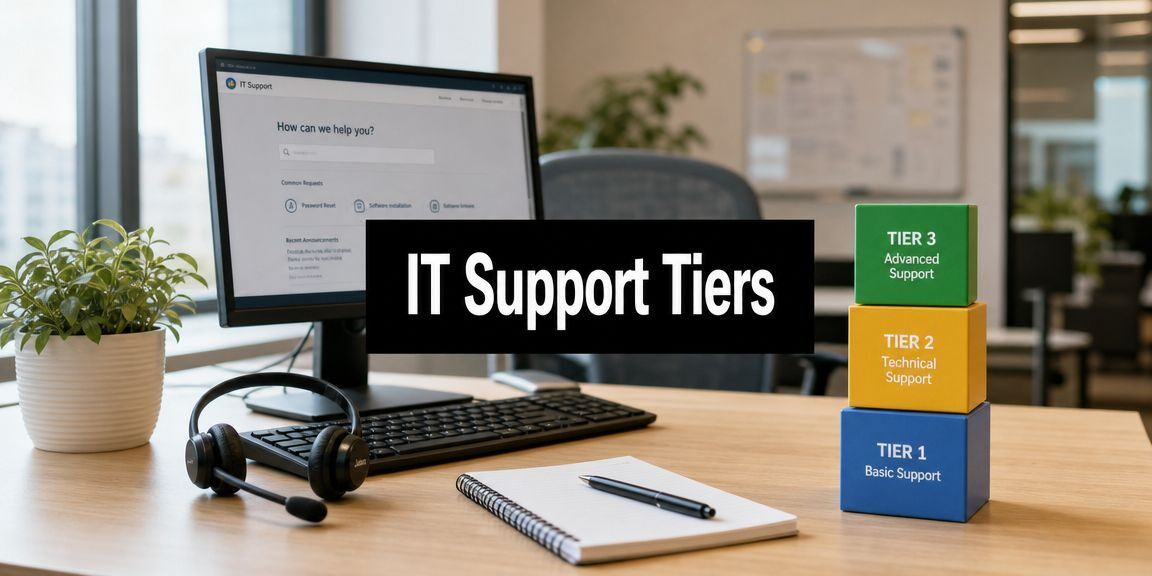 tiers-of-it-support-it-support IT support workspace showing a monitor, headset, notebook, and a vertical stack of colored blocks labeled Tier 1–Tier 3 (Basic to Advanced Support). The banner reads ‘IT Support Tiers’.