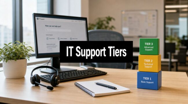 tiers-of-it-support-it-support IT support workspace showing a monitor, headset, notebook, and a vertical stack of colored blocks labeled Tier 1–Tier 3 (Basic to Advanced Support). The banner reads ‘IT Support Tiers’.