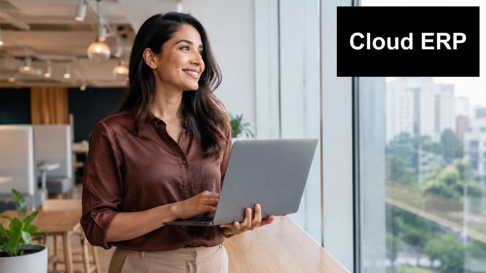 A professional woman in a brown shirt standing by a window while working on a laptop.