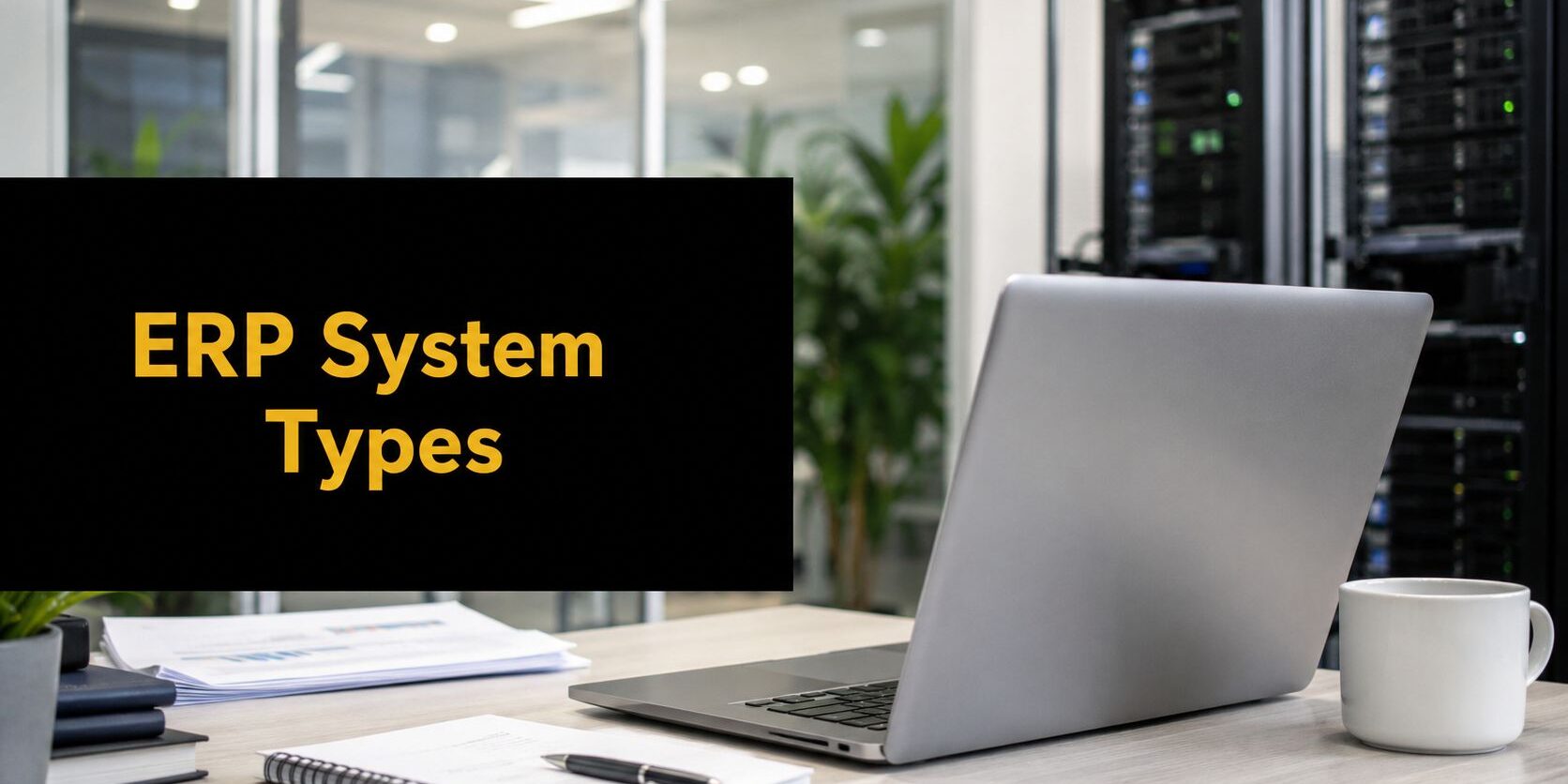 types-of-erp-erp-system Office desk scene with a silver laptop, notebook, and mug; a black monitor or screen reads 'ERP System Types' in yellow.