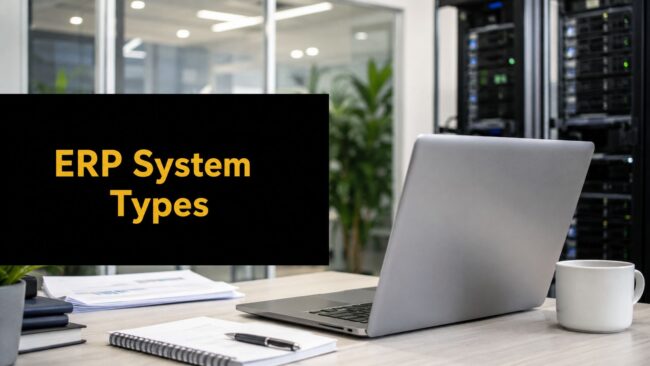 types-of-erp-erp-system Office desk scene with a silver laptop, notebook, and mug; a black monitor or screen reads 'ERP System Types' in yellow.
