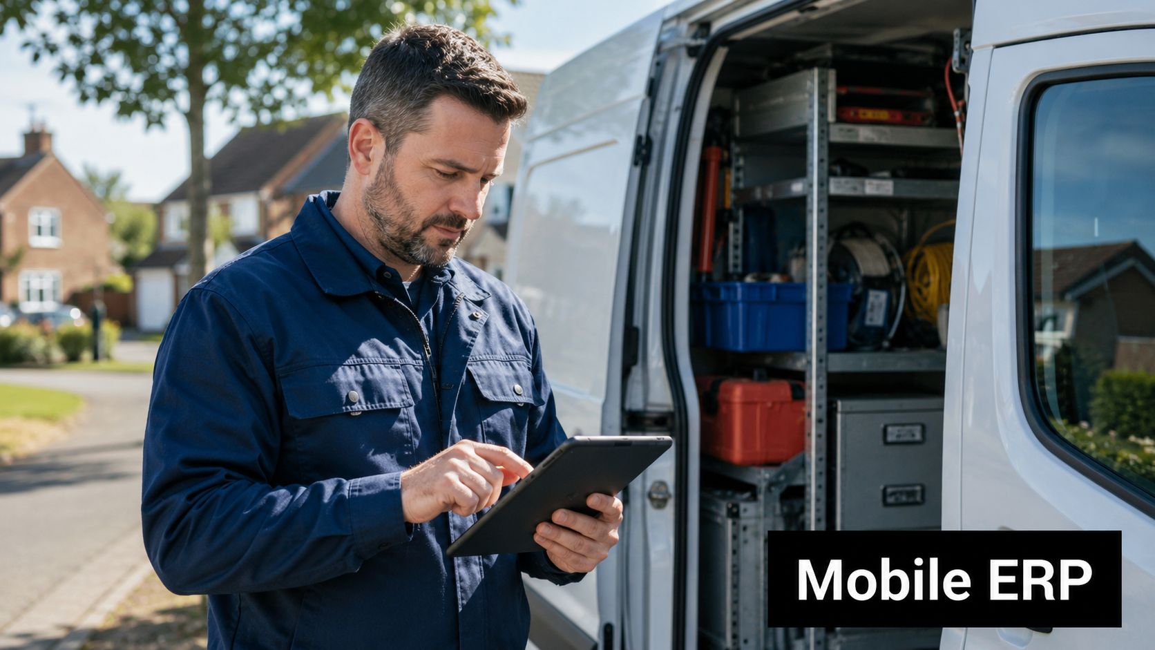 A service technician using a tablet to manage mobile ERP software while standing by his work van.