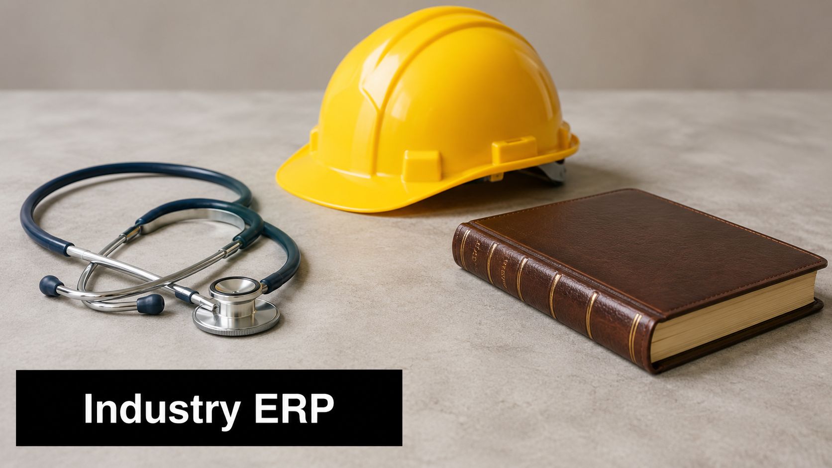 A yellow hard hat, a medical stethoscope, and a brown book arranged on a gray surface.