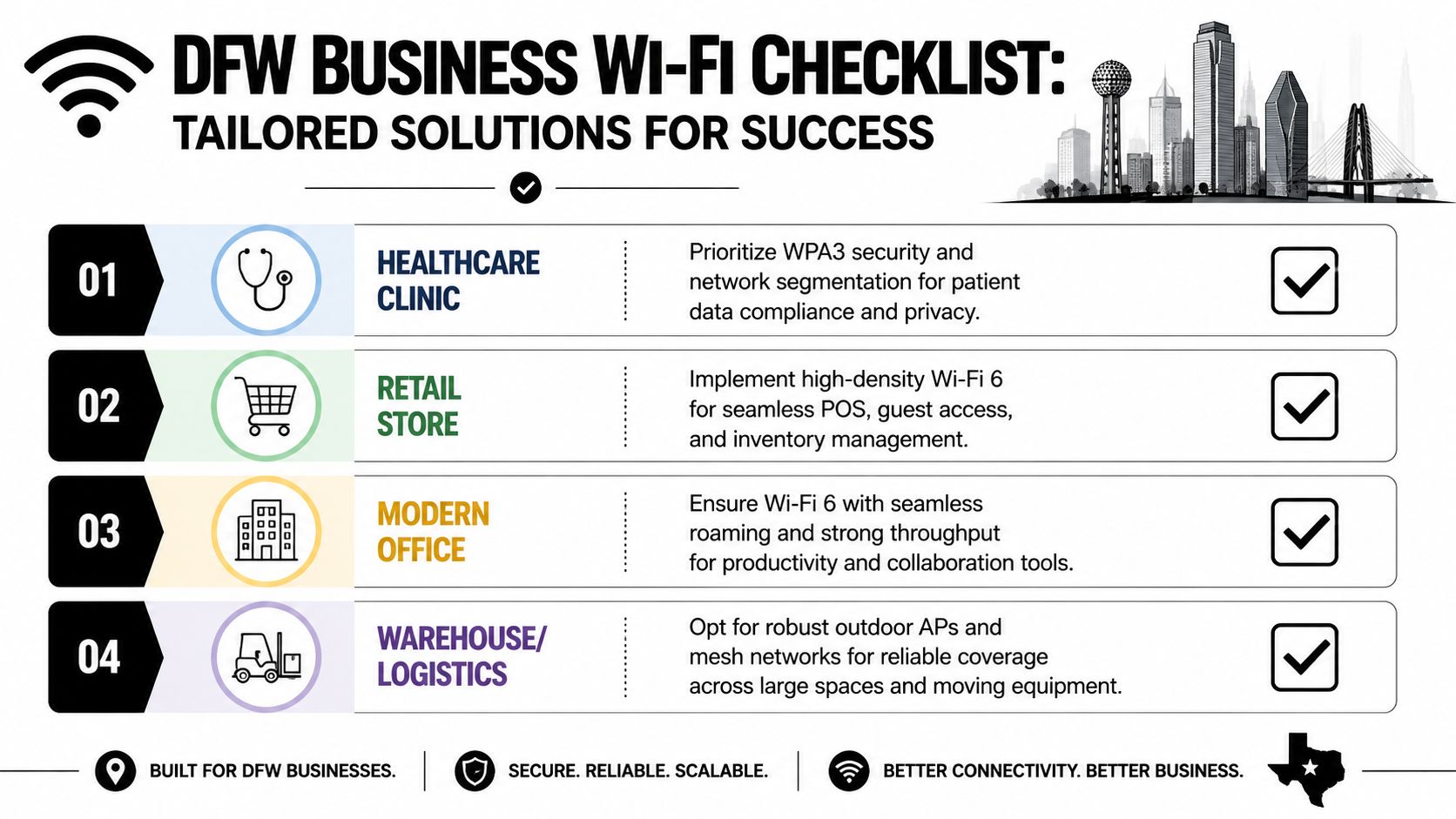 A checklist infographic showcasing tailored Wi-Fi solutions for various business types including healthcare, retail, office, and logistics.
