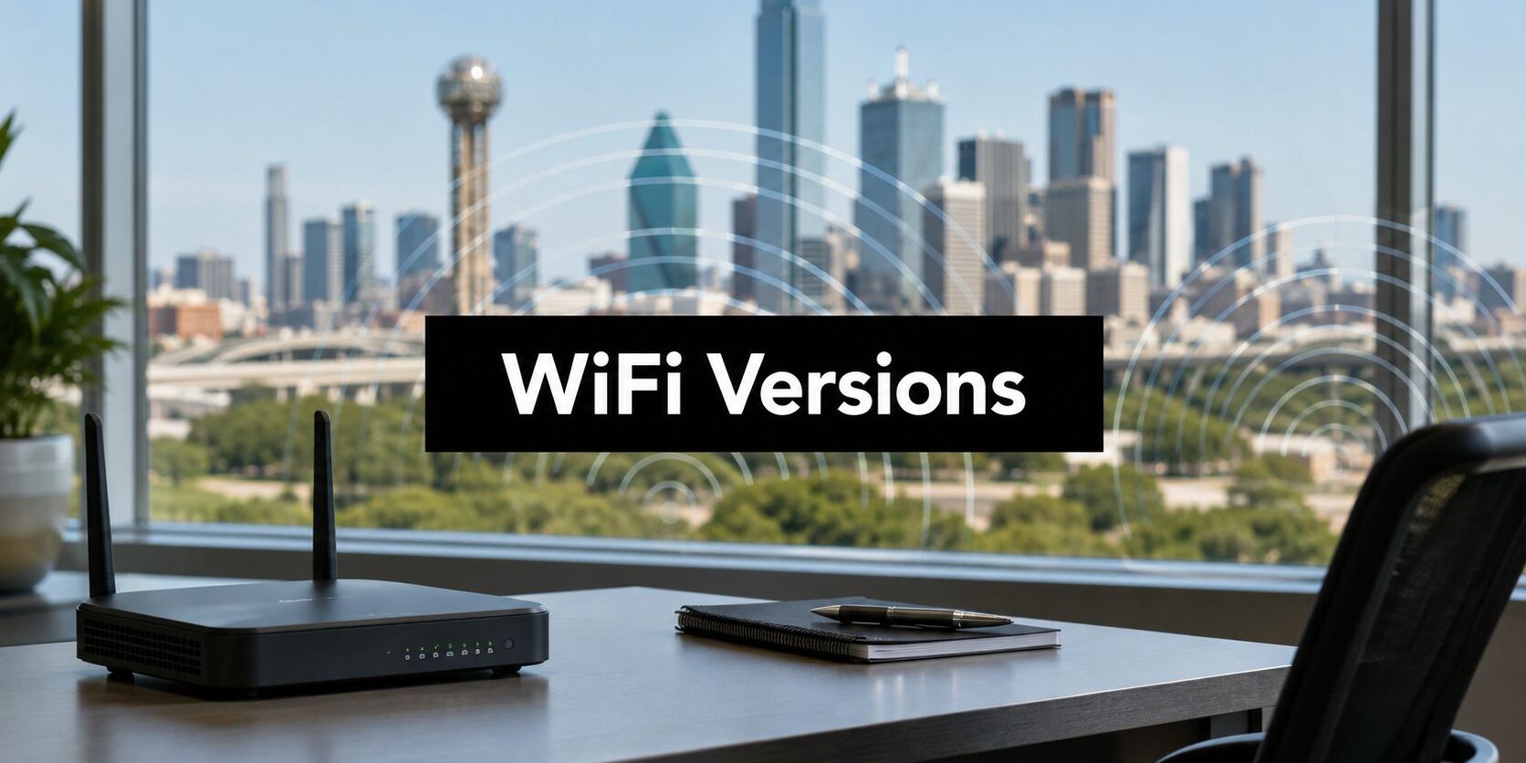 versions-of-wifi-wifi-router WiFi Versions banner over an office desk scene with a wireless router and notebook, overlooking a city skyline through a window.