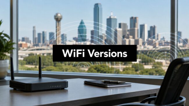 versions-of-wifi-wifi-router WiFi Versions banner over an office desk scene with a wireless router and notebook, overlooking a city skyline through a window.