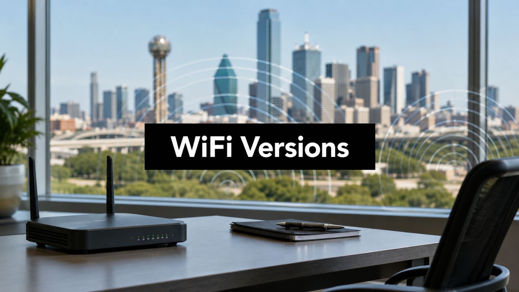 WiFi Versions banner over an office desk scene with a wireless router and notebook, overlooking a city skyline through a window.