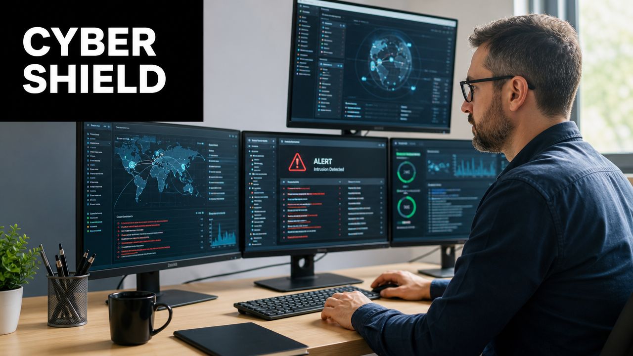A cybersecurity professional monitoring multiple computer screens displaying network threat alerts and global data analytics in an office.