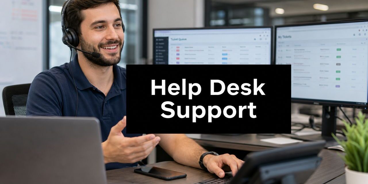 Support agent with headset at a desk, two monitors showing ticket queues, and a 'Help Desk Support' sign in the foreground.