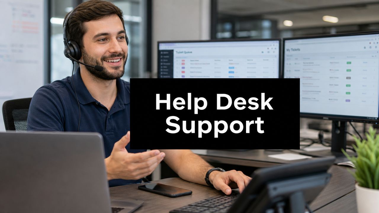 Support agent with headset at a desk, two monitors showing ticket queues, and a 'Help Desk Support' sign in the foreground.