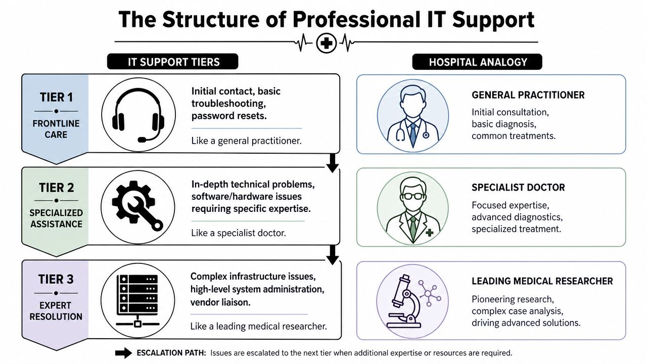 A diagram comparing professional IT support tiers to medical roles in a hospital environment for escalation processes.