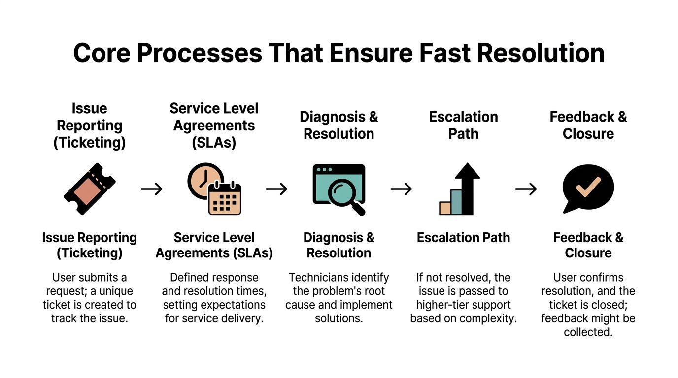 A diagram illustrating the core processes of help desk support for fast issue resolution.