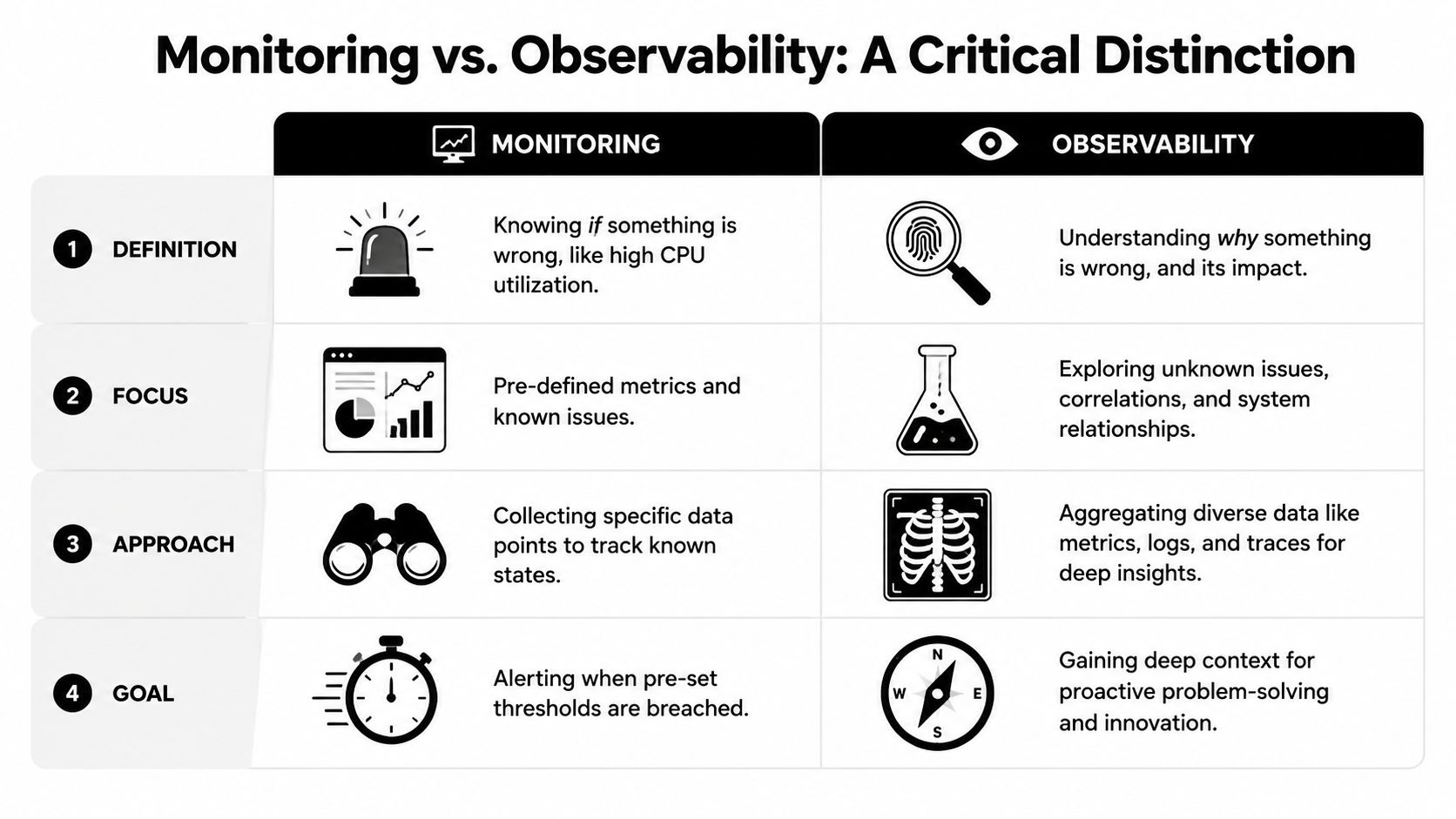 A comparison chart outlining the key differences between monitoring and observability in technical system management.