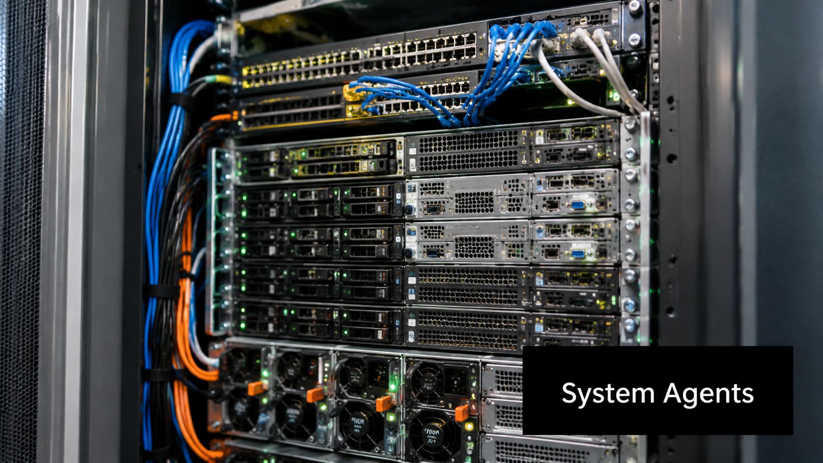 A view inside a server rack showing organized network switches, server hardware, and neatly managed cabling.
