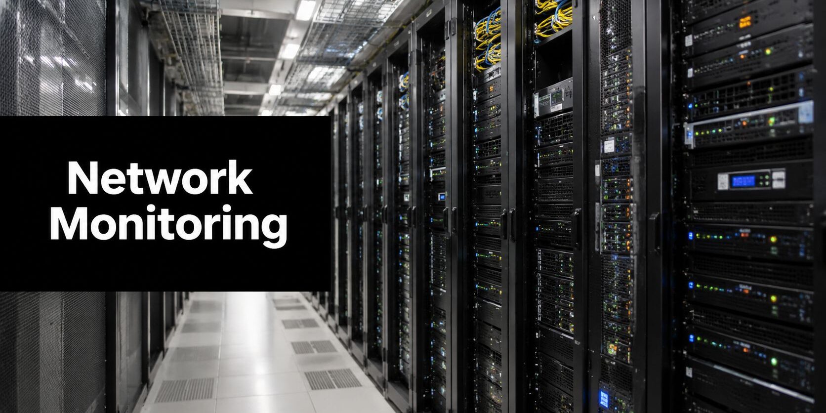 Data center with tall server racks; a black banner reads 'Network Monitoring' in white text on the left.