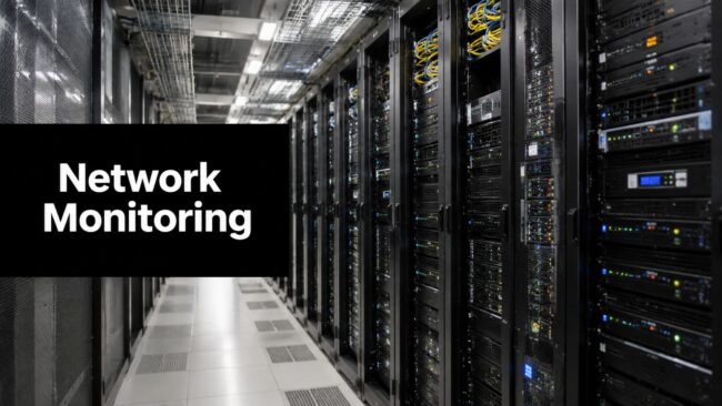 Data center with tall server racks; a black banner reads 'Network Monitoring' in white text on the left.