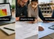 Triptych of risk planning: left panel shows a laptop with a 'Risk Mitigation' chart, middle panel two people review documents labeled 'Mitigation Strategy', right panel construction site with workers and blueprints labeled 'Risk Strategy'.