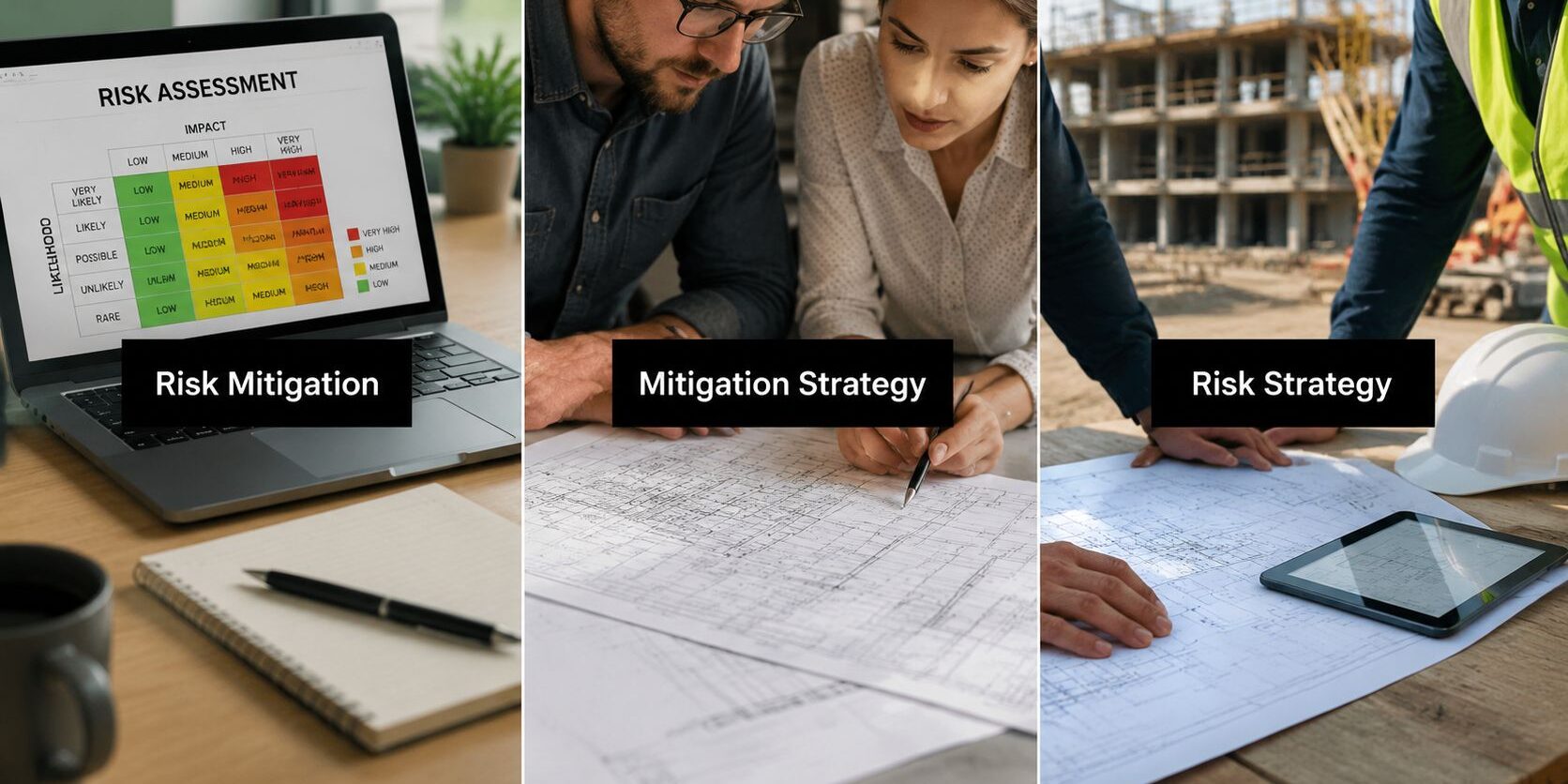 what-is-risk-mitigation-strategy-risk-planning Triptych of risk planning: left panel shows a laptop with a 'Risk Mitigation' chart, middle panel two people review documents labeled 'Mitigation Strategy', right panel construction site with workers and blueprints labeled 'Risk Strategy'.
