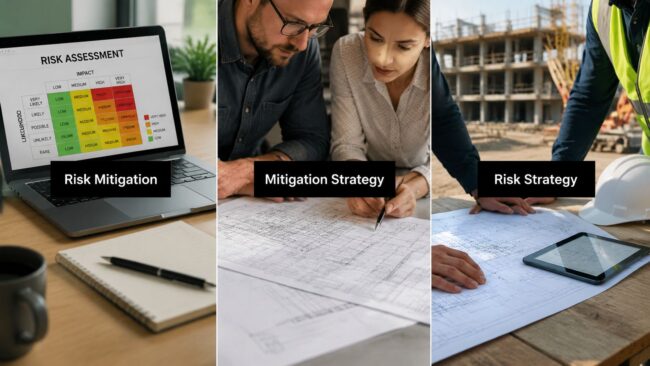 what-is-risk-mitigation-strategy-risk-planning Triptych of risk planning: left panel shows a laptop with a 'Risk Mitigation' chart, middle panel two people review documents labeled 'Mitigation Strategy', right panel construction site with workers and blueprints labeled 'Risk Strategy'.