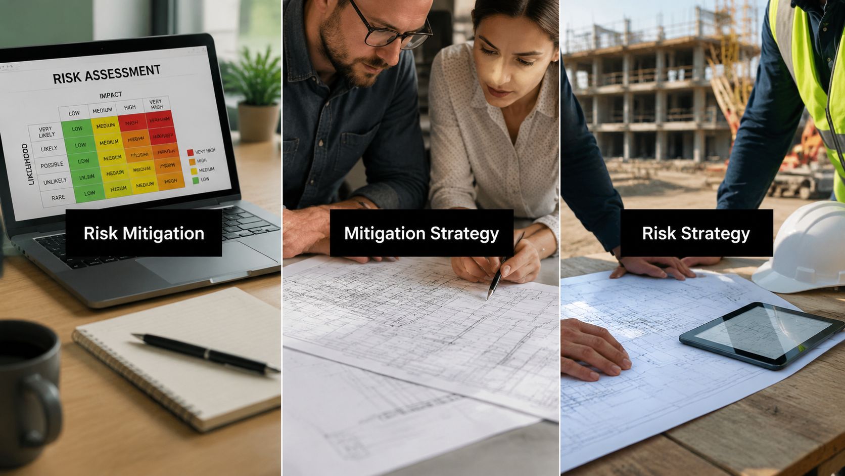 Triptych of risk planning: left panel shows a laptop with a 'Risk Mitigation' chart, middle panel two people review documents labeled 'Mitigation Strategy', right panel construction site with workers and blueprints labeled 'Risk Strategy'.