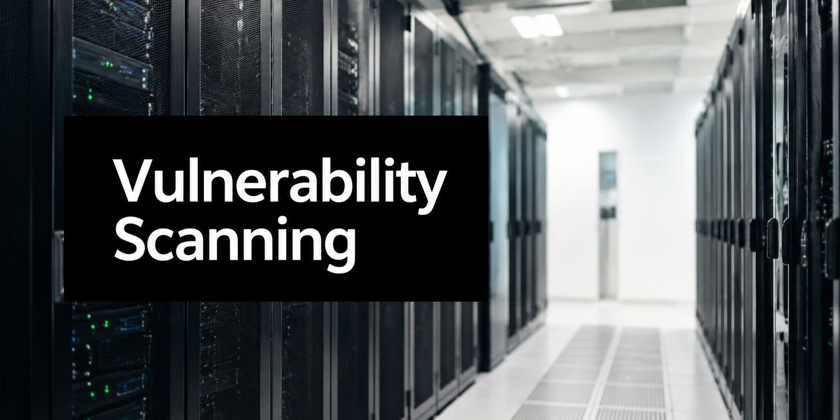 what-is-vulnerability-scanning-data-center Data center corridor with rows of server racks and a bold overlay reading 'Vulnerability Scanning'.