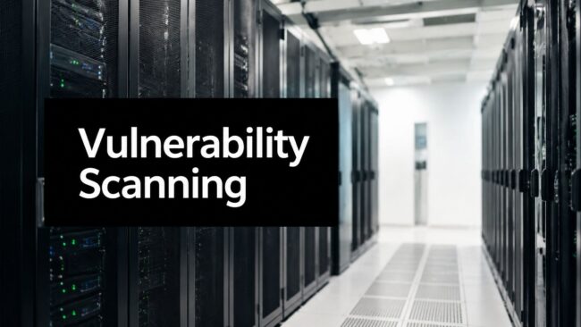 Data center corridor with rows of server racks and a bold overlay reading 'Vulnerability Scanning'.
