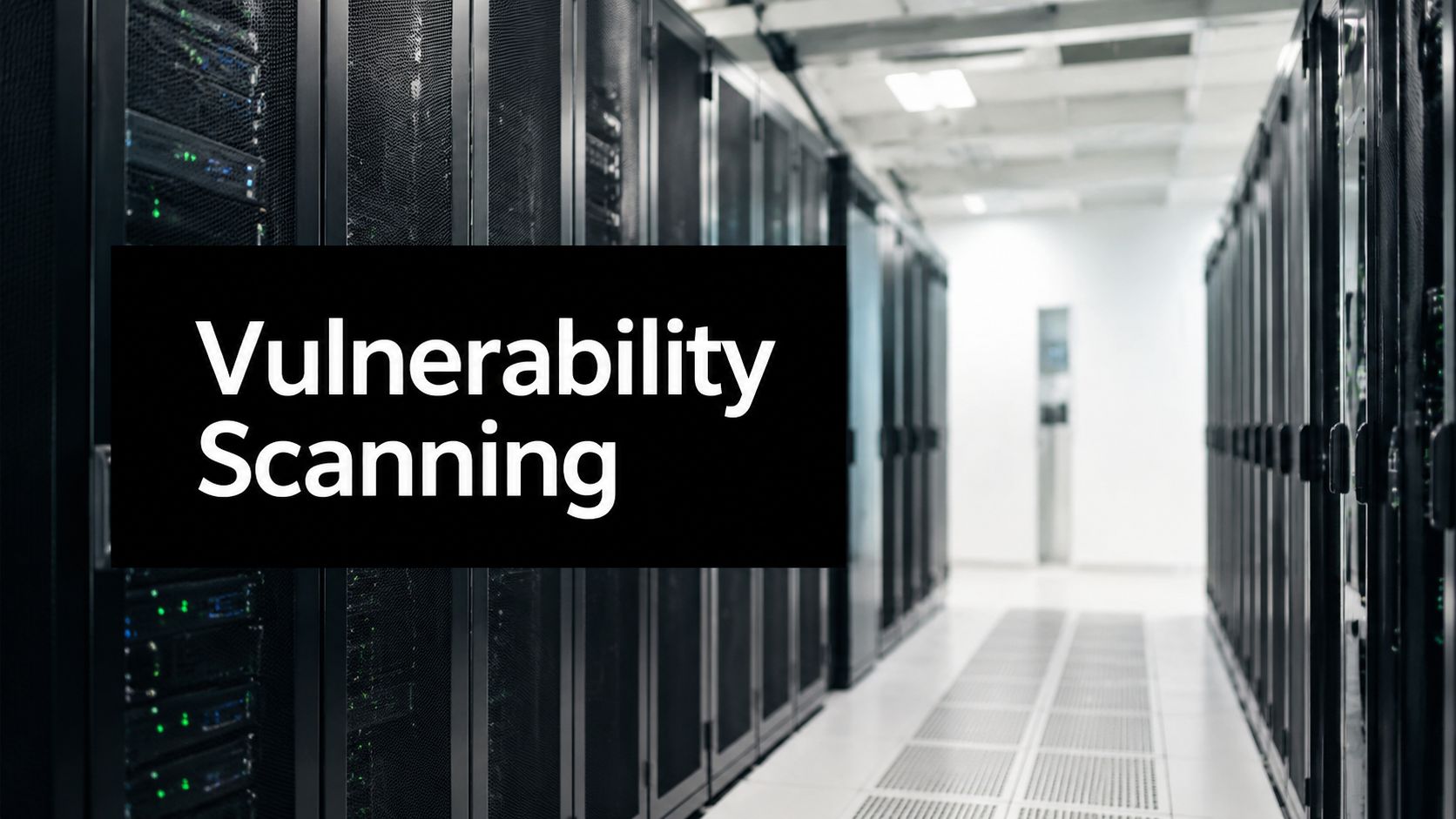 Data center corridor with rows of server racks and a bold overlay reading 'Vulnerability Scanning'.