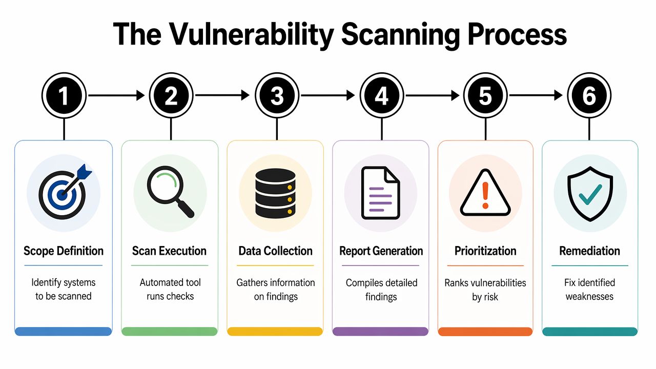 A six-step infographic illustrating the vulnerability scanning process from initial scope definition to final remediation.