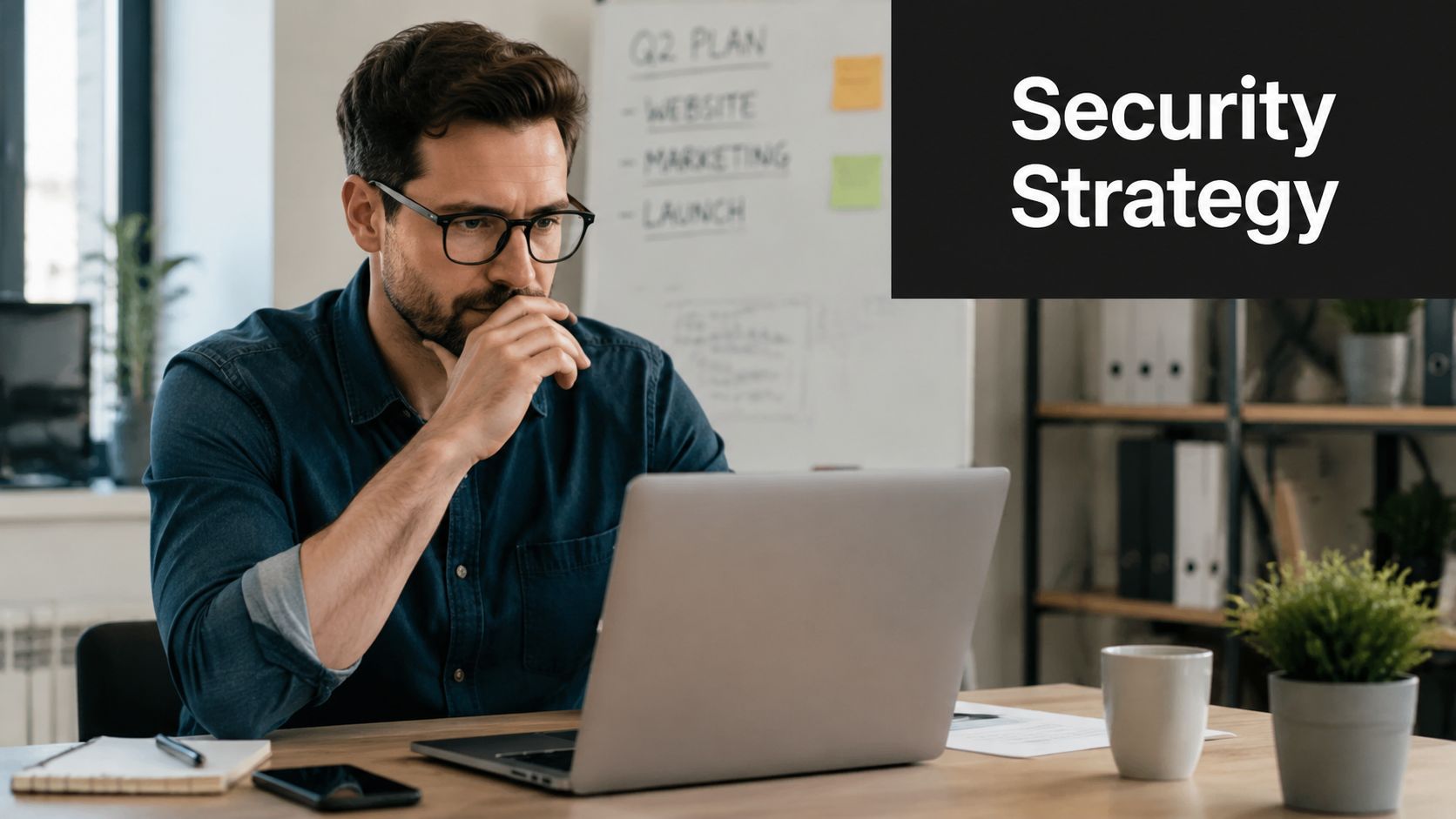 A professional man with glasses working on his laptop in a modern office, planning security strategies.