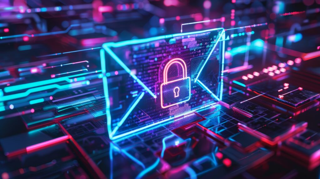 Neon padlock icon on a glowing, futuristic digital circuit background, symbolizing cybersecurity.
