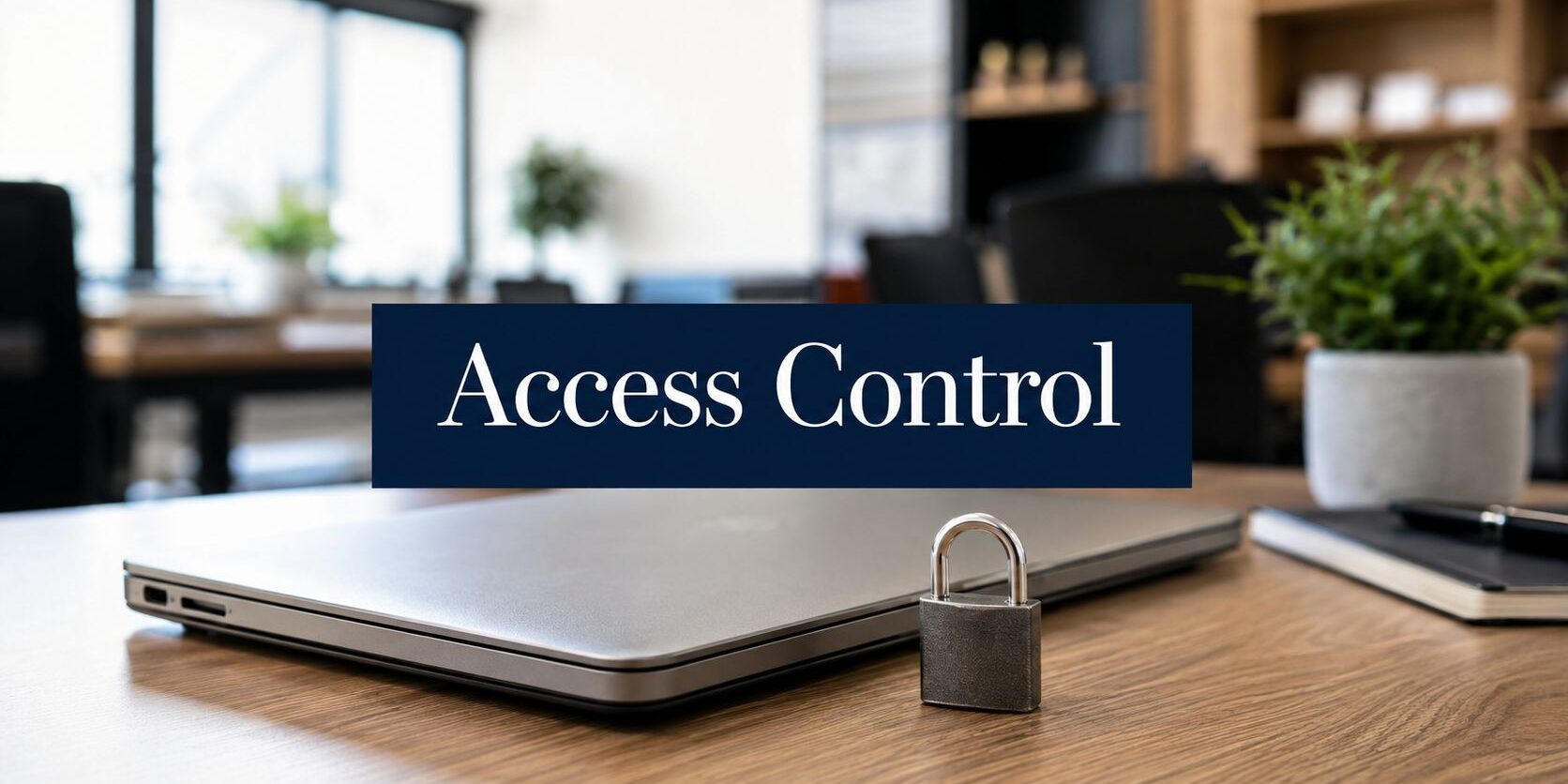 access-control-policies-access-control Laptop on a wooden desk with a small padlock in front and a dark blue 'Access Control' sign in the foreground, office setting behind.