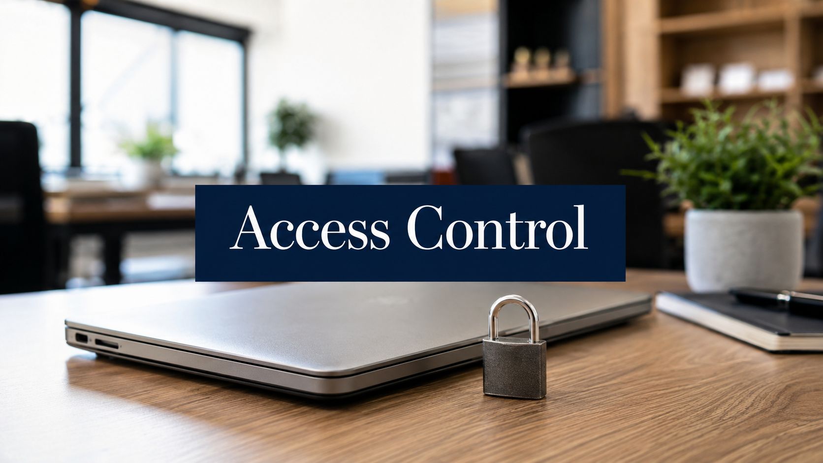 Laptop on a wooden desk with a small padlock in front and a dark blue 'Access Control' sign in the foreground, office setting behind.