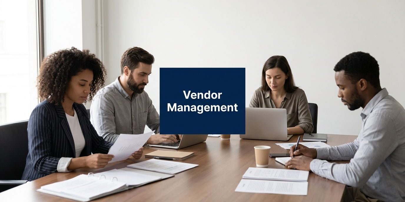 best-practices-for-vendor-management-business-meeting Team of four in a meeting around a conference table discussing documents with a 'Vendor Management' sign in the center. (Informative)