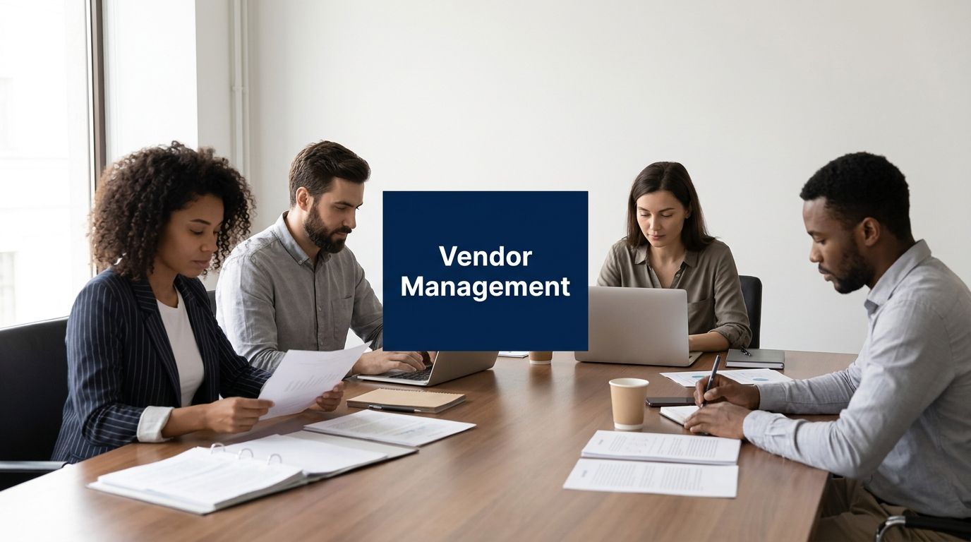 Team of four in a meeting around a conference table discussing documents with a 'Vendor Management' sign in the center. (Informative)