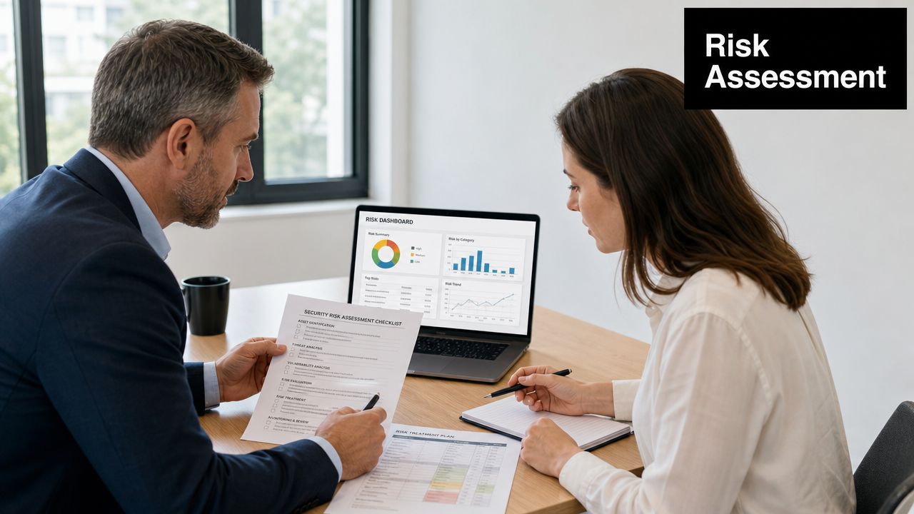 A professional man and woman discussing a security risk assessment checklist and dashboard in an office setting.