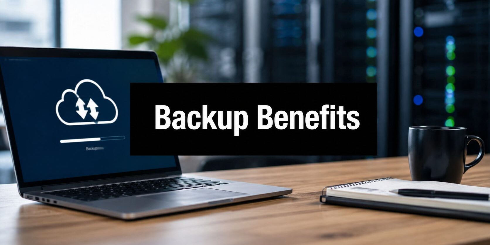 cloud-backup-benefits-laptop-backup Laptop showing a cloud backup icon with a bold 'Backup Benefits' banner.