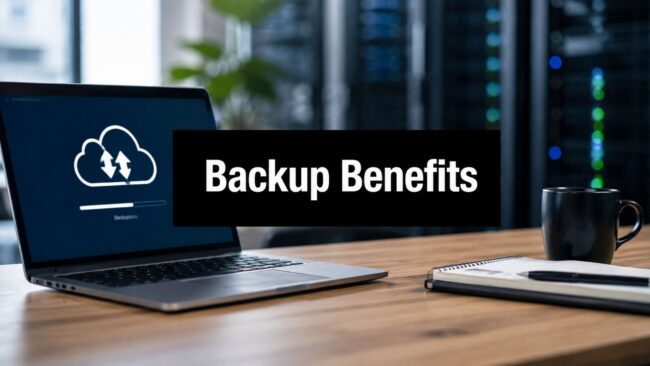 cloud-backup-benefits-laptop-backup Laptop showing a cloud backup icon with a bold 'Backup Benefits' banner.