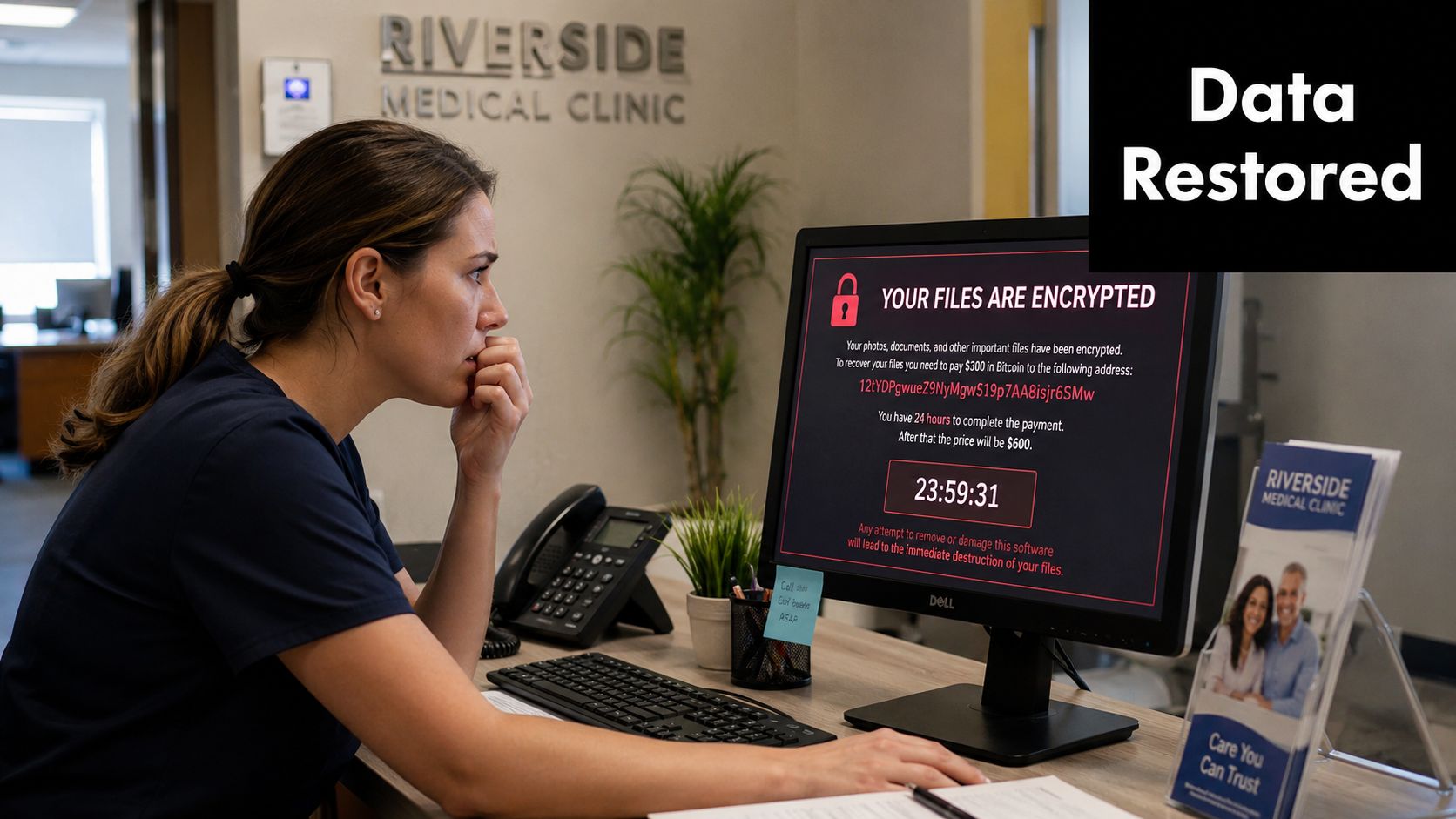 A concerned medical professional looks at a computer screen displaying a ransomware attack notification at a clinic.