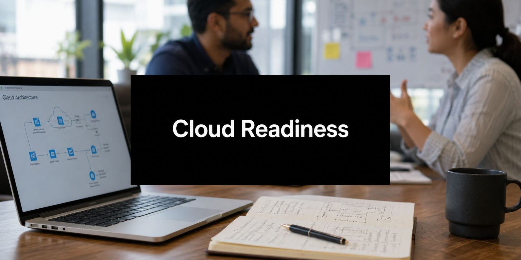 cloud-computing-readiness-assessment-business-meeting Office scene with a laptop, notebook, and mug on a wooden table; a black slide reading 'Cloud Readiness' is centered on screen, suggesting a presentation about cloud strategy.